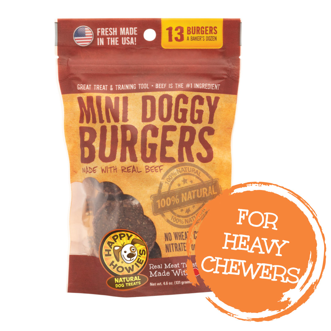 Front of the beef burger bakers dozen pouch with heavy chewer call out