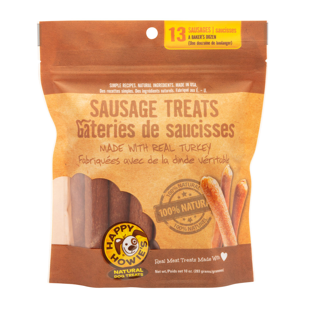 Front of the turkey sausage treats bakers dozen pouch